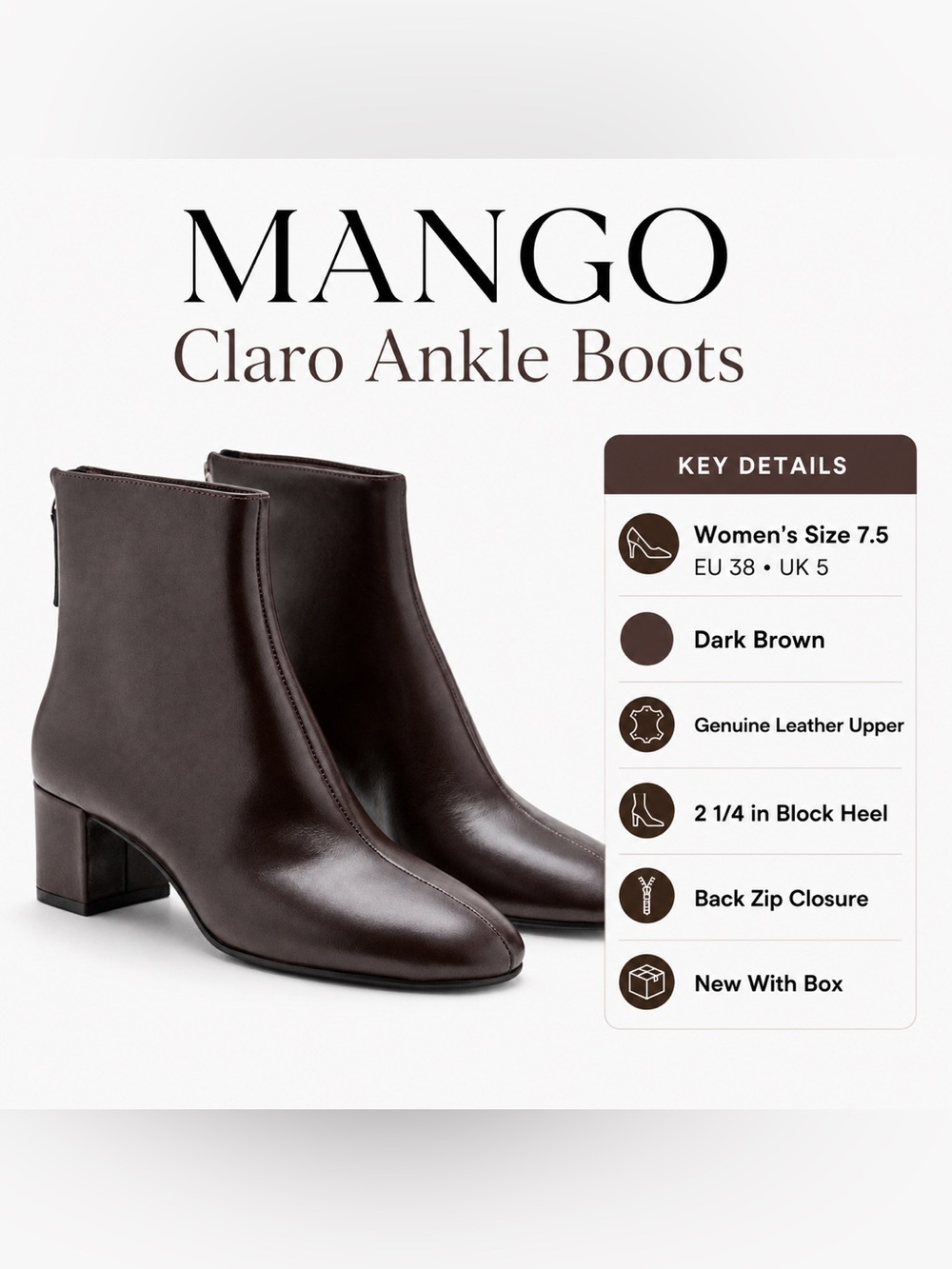MANGO Claro Genuine Leather Ankle Boots Dark Brown Block Heel Women’s 7.5 NIB - Picture 2 of 16